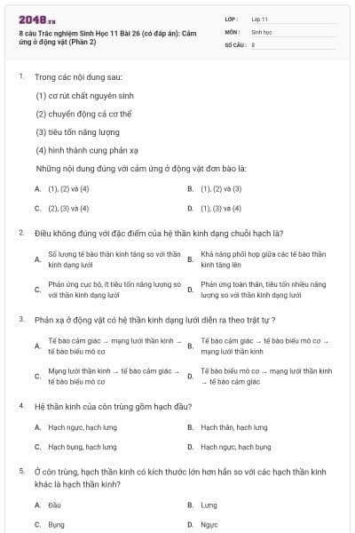 8 câu  Trắc nghiệm Sinh Học 11 Bài 26 (có đáp án): Cảm ứng ở động vật (Phần 2)