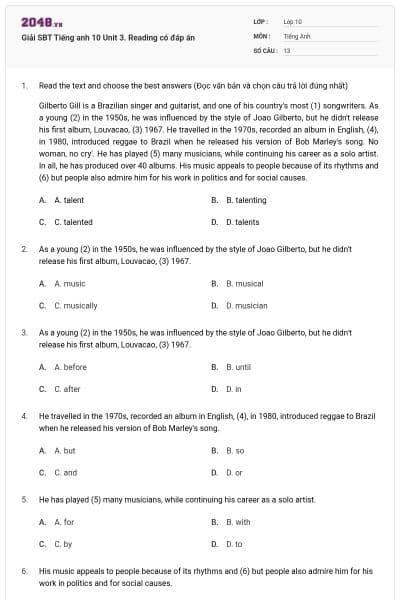 Giải SBT Tiếng anh 10 Unit 3. Reading có đáp án