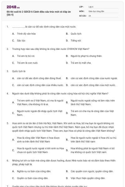 Đề thi cuối kì 2 GDCD 6 Cánh diều cấu trúc mới có đáp án (Đề 4)