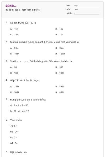 20 Đề thi học kì I môn Toán 3 (Đề 15)