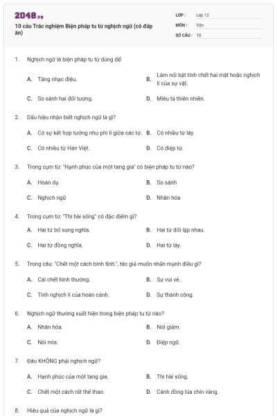 10 câu Trắc nghiệm Biện pháp tu từ nghịch ngữ (có đáp án)