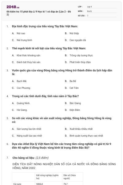 Đề kiểm tra 15 phút Địa Lí 9 Học kì 1 có đáp án (Lần 2 - Đề 2)