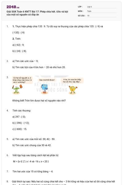 Giải SGK Toán 6 KNTT Bài 17: Phép chia hết. Ước và bội của một số nguyên có đáp án