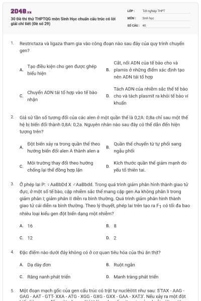 30 Đề thi thử THPTQG môn Sinh Học chuẩn cấu trúc có lời giải chi tiết (Đề số 29)