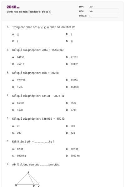 Đề thi học kì I môn Toán lớp 4 ( Đề số 1)