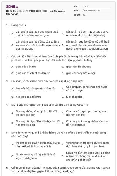 Bộ đề TN luyện thi THPTQG 2019 KHXH - có đáp án cực hay (GDCD)