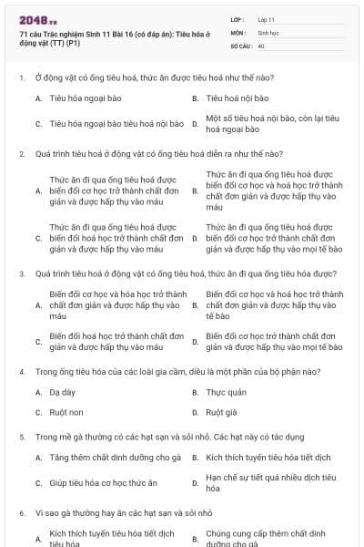 71 câu Trắc nghiệm Sinh 11 Bài 16 (có đáp án): Tiêu hóa ở động vật (TT) (P1)