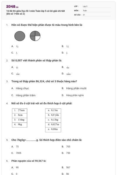 16 Đề thi giữa Học Kì I môn Toán lớp 5 có lời giải chi tiết (Đề số 1+Đề số 2)
