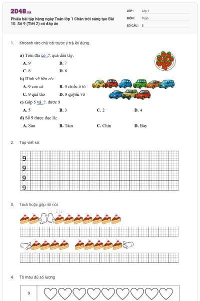 Phiếu bài tập hàng ngày Toán lớp 1 Chân trời sáng tạo Bài 10. Số 9 (Tiết 2) có đáp án