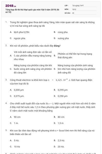 Tổng hợp đề thi thử thpt quốc gia môn Vật lí năm 2019( đề số 10)