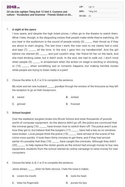 20 câu trắc nghiệm Tiếng Anh 12 Unit 3. Customs and culture - Vocabulary and Grammar - Friends Global có đáp án