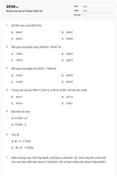 Đề thi cuối học kì II Toán 3 (Đề 13)