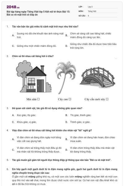 Bài tập hàng ngày Tiếng Việt lớp 5 Kết nối tri thức Bài 15: Bài ca về mặt trời có đáp án