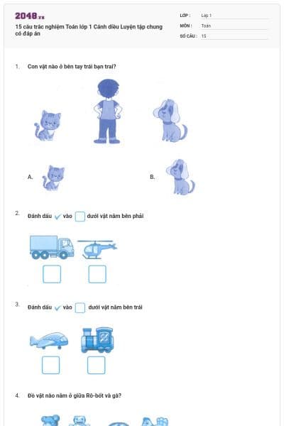 15 câu trắc nghiệm Toán lớp 1 Cánh diều Luyện tập chung có đáp án