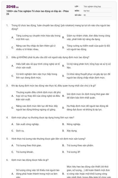 1000+ câu Trắc nghiệm Tổ chức lao động có đáp án - Phần 26