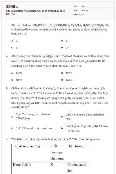 240 Câu hỏi trắc nghiệm Hóa hữu cơ ôn thi Đại học có lời giải (P2)