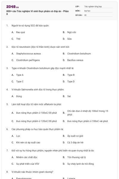 800+ câu Trắc nghiệm Vi sinh thực phẩm có đáp án - Phần 8