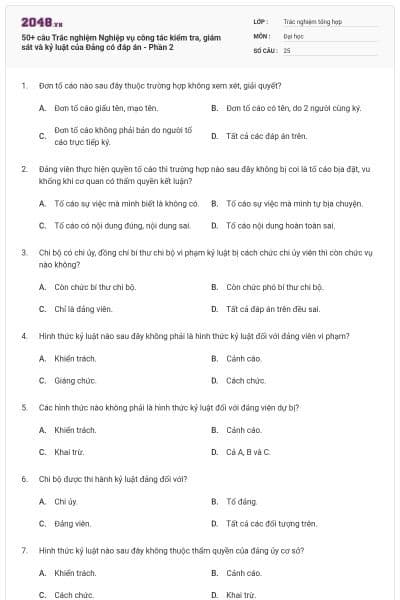 50+ câu Trắc nghiệm Nghiệp vụ công tác kiểm tra, giám sát và kỷ luật của Đảng có đáp án - Phần 2