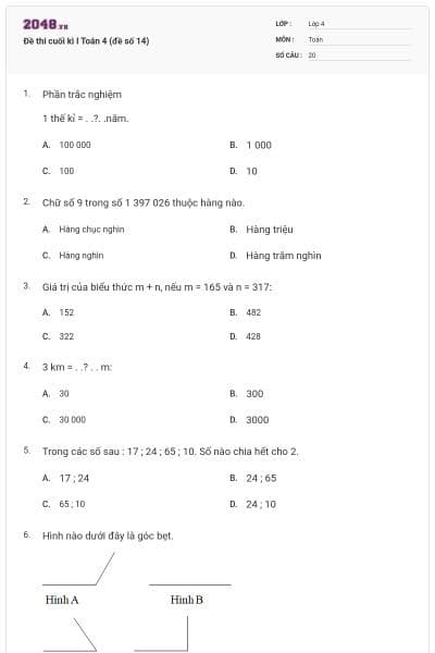Đề thi cuối kì I Toán 4 (đề số 14)