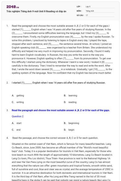 Trắc nghiệm Tiếng Anh 9 mới Unit 8 Reading có đáp án