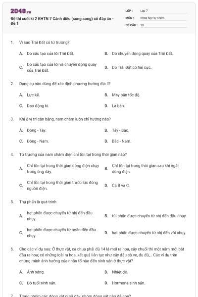 Đề thi cuối kì 2 KHTN 7 Cánh diều (song song) có đáp án - Đề 1