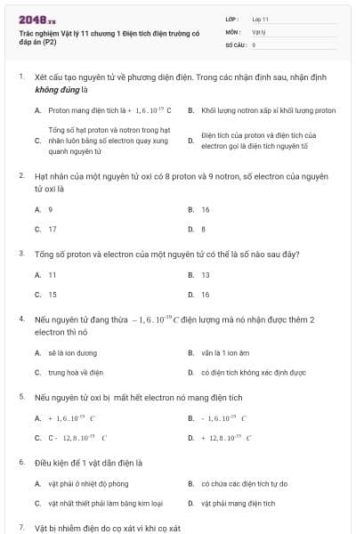 Trắc nghiệm Vật lý 11 chương 1 Điện tích điện trường có đáp án (P2)