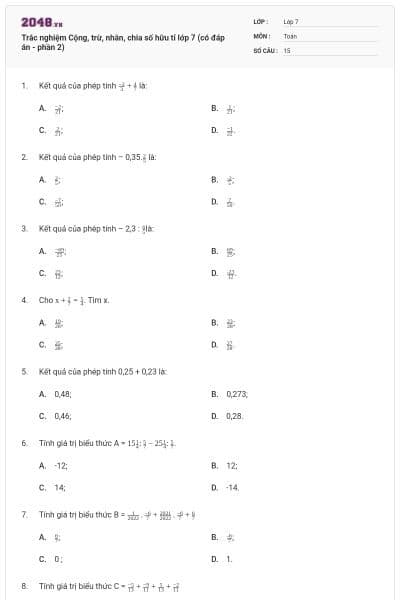 Trắc nghiệm Cộng, trừ, nhân, chia số hữu tỉ lớp 7 (có đáp án - phần 2)
