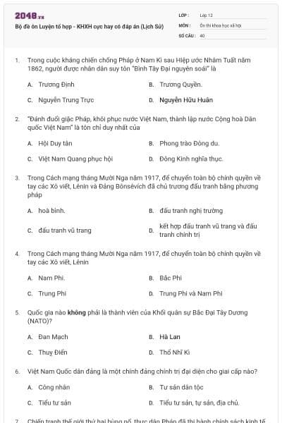 Bộ đề ôn Luyện tổ hợp - KHXH cực hay có đáp án (Lịch Sử)