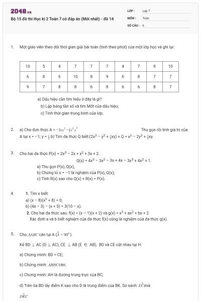 Bộ 15 đề thi Học kì 2 Toán 7 có đáp án (Mới nhất) - đề 14