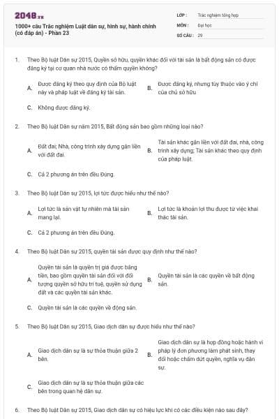 1000+ câu Trắc nghiệm Luật dân sự, hình sự, hành chính (có đáp án) - Phần 23