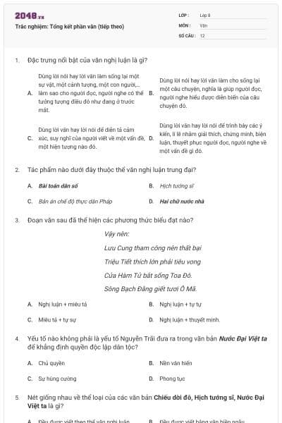 Trắc nghiệm: Tổng kết phần văn (tiếp theo)