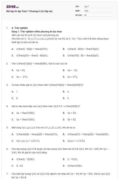 Bài tập ôn tập Toán 7 Chương 6 (có đáp án)
