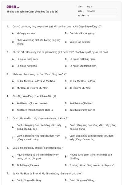 19 câu trắc nghiệm Cánh đồng hoa (có đáp án)