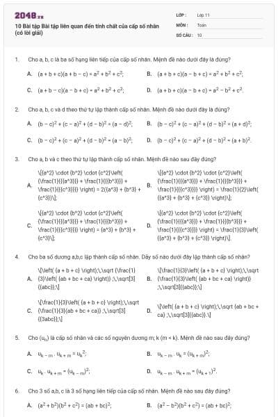 10 Bài tập Bài tập liên quan đến tính chất của cấp số nhân (có lời giải)