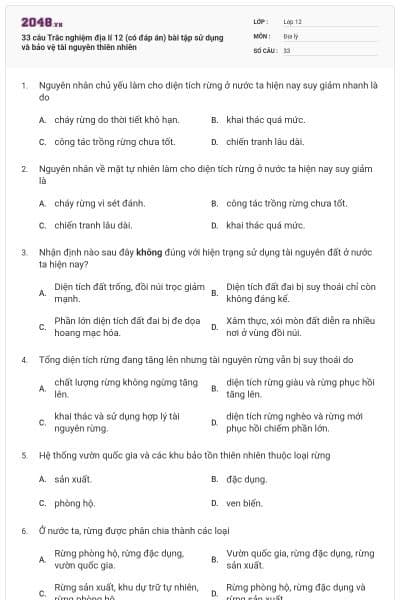 33 câu Trắc nghiệm địa lí 12 (có đáp án) bài tập sử dụng và bảo vệ tài nguyên thiên nhiên