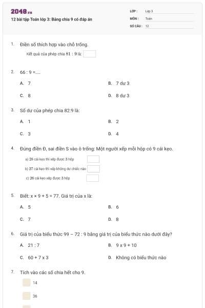 12 bài tập Toán lớp 3: Bảng chia 9 có đáp án