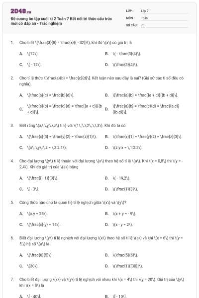 Đề cương ôn tập cuối kì 2 Toán 7 Kết nối tri thức cấu trúc mới có đáp án - Trắc nghiệm