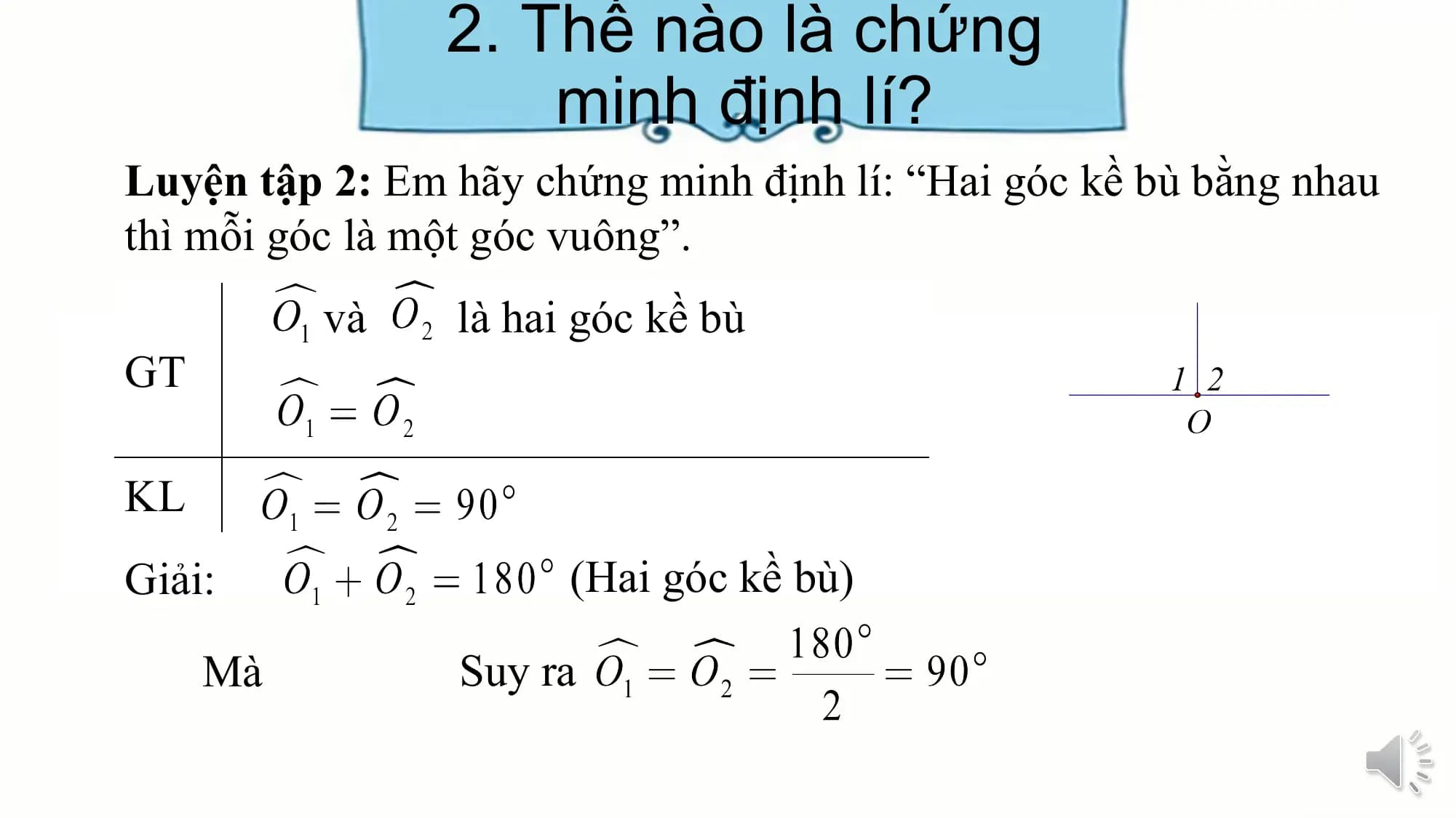 2. Thế nào là chứng
 minh định lí?
Luyện tập 2: Em hãy chứng minh định lí: “Hai góc kề bù bằng nhau
thì mỗi góc là một góc vuông”.
 và là hai góc kề bù
GT

KL
Giải: (Hai góc kề bù)

 Mà Suy ra