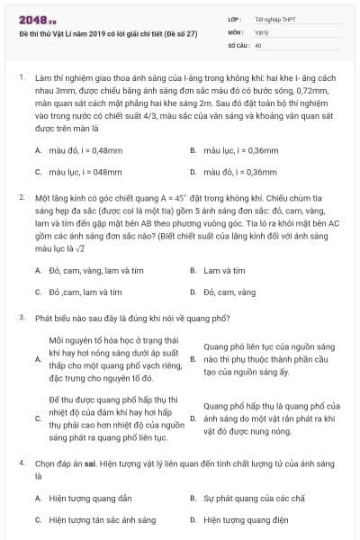 Đề thi thử Vật Lí năm 2019 có lời giải chi tiết (Đề số 27)