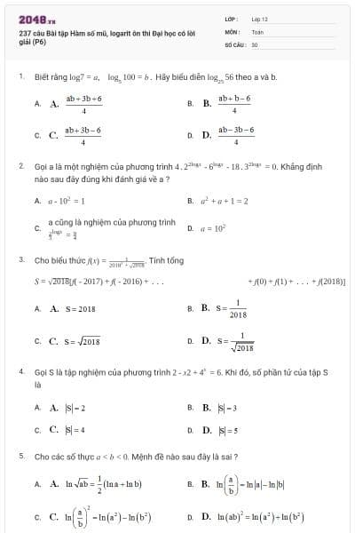 237 câu  Bài tập Hàm số mũ, logarit ôn thi Đại học có lời giải (P6)