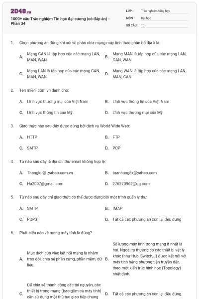 1000+ câu Trắc nghiệm Tin học đại cương (có đáp án) - Phần 34