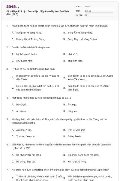 Đề thi Học kì 1 Lịch Sử và Địa Lí lớp 6 có đáp án - Bộ Cánh diều (Đề 3)