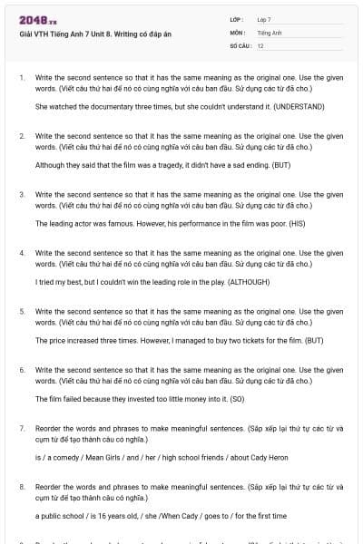 Giải VTH Tiếng Anh 7 Unit 8. Writing có đáp án