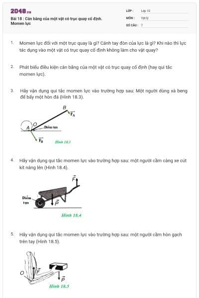 Bài 18 : Cân bằng của một vật có trục quay cố định. Momen lực