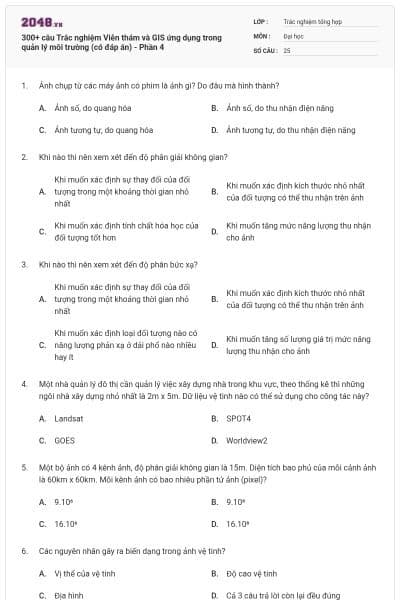 300+ câu Trắc nghiệm Viễn thám và GIS ứng dụng trong quản lý môi trường (có đáp án) - Phần 4