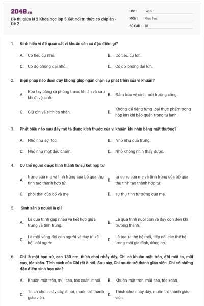 Đề thi giữa kì 2 Khoa học lớp 5 Kết nối tri thức có đáp án - Đề 2