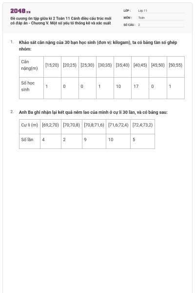 Đề cương ôn tập giữa kì 2 Toán 11 Cánh diều cấu trúc mới có đáp án - Chương V. Một số yếu tố thống kê và xác suất