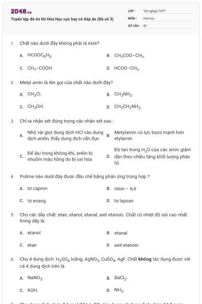 Tuyển tập đề ôn thi Hóa Học cực hay có đáp án (Đề số 3)