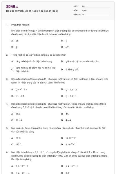 Bộ 5 Đề thi Vật Lí lớp 11 Học kì 1 có đáp án (Đề 3)
