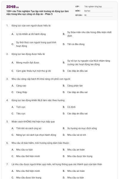 100+ câu Trắc nghiệm Tạo lập môi trường và động lực làm việc trong khu vực công có đáp án - Phần 5
